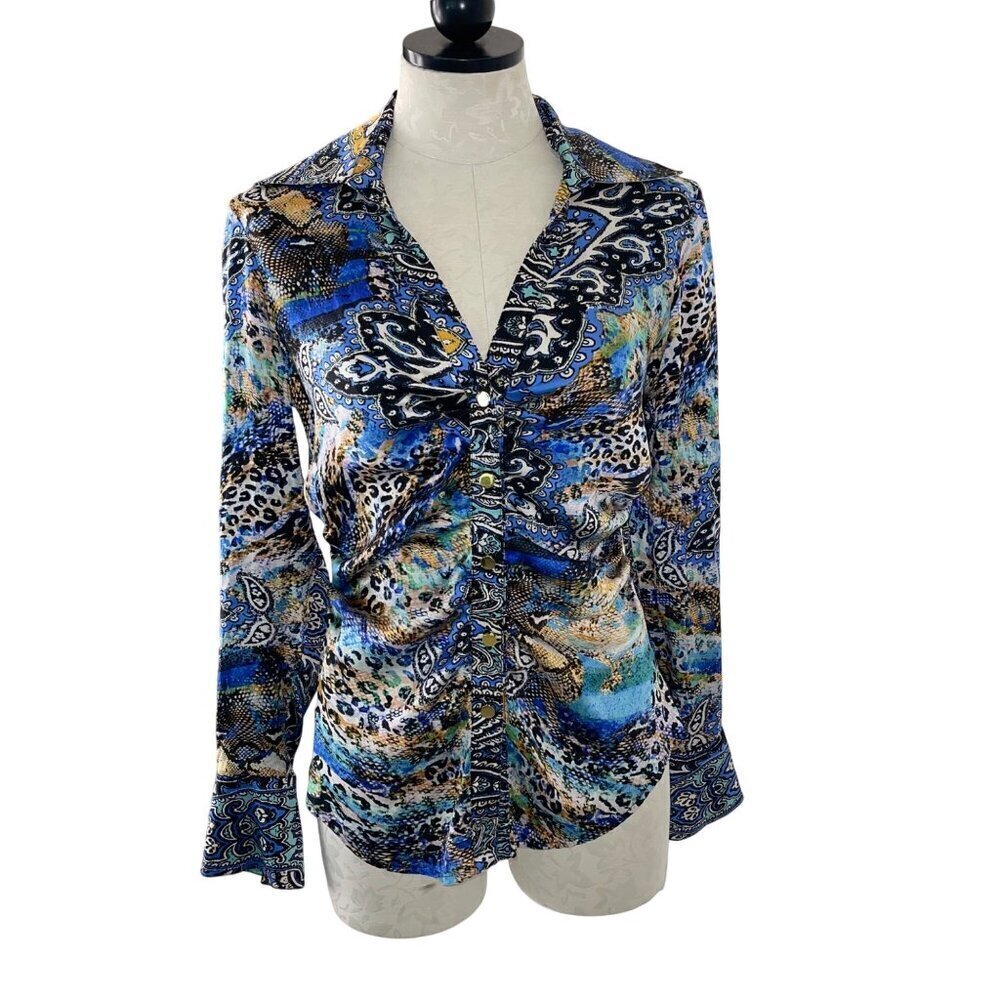 Cache Vintage 90s Y2k Womens Blouse Size Medium Blue Abstract Print Long Sleeve